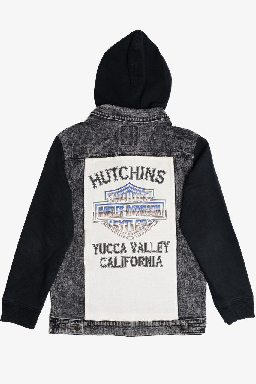 Upcycled 1990s Harley Davidson "Yucca Valley California" Back Patch Denim Hoodie Jacket