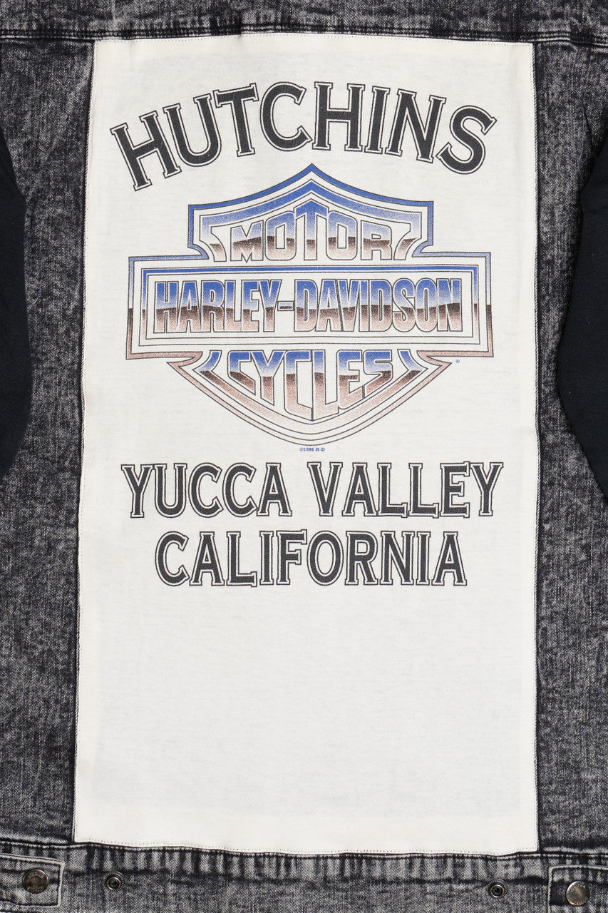 Upcycled 1990s Harley Davidson "Yucca Valley California" Back Patch Denim Hoodie Jacket