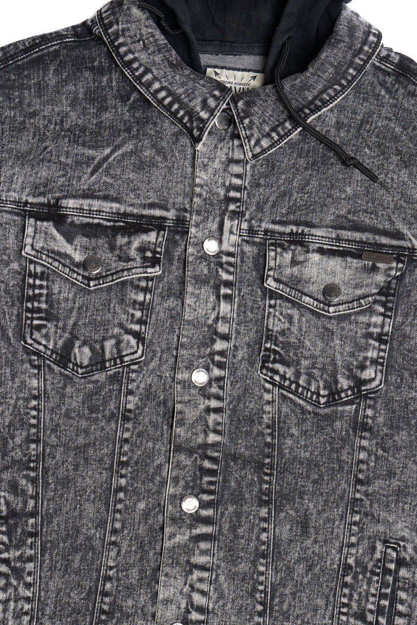 Upcycled 1990s Harley Davidson "Yucca Valley California" Back Patch Denim Hoodie Jacket