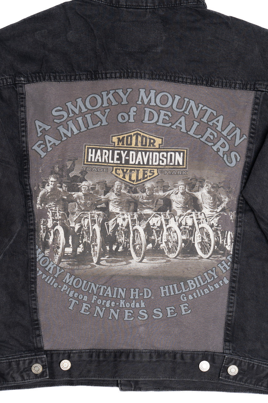 Upcycled Harley Davidson "Smoky Mountain" Back Patch Black Denim Jacket