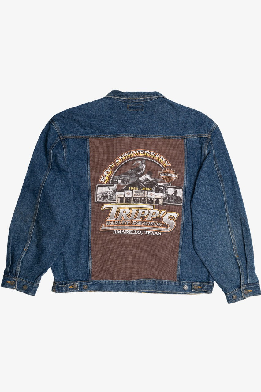 Upcycled Harley Davidson "50th Anniversary" Amarillo, Texas Back Patch Denim Jacket