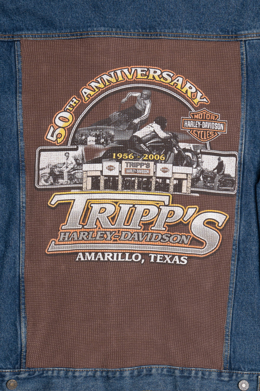 Upcycled Harley Davidson "50th Anniversary" Amarillo, Texas Back Patch Denim Jacket