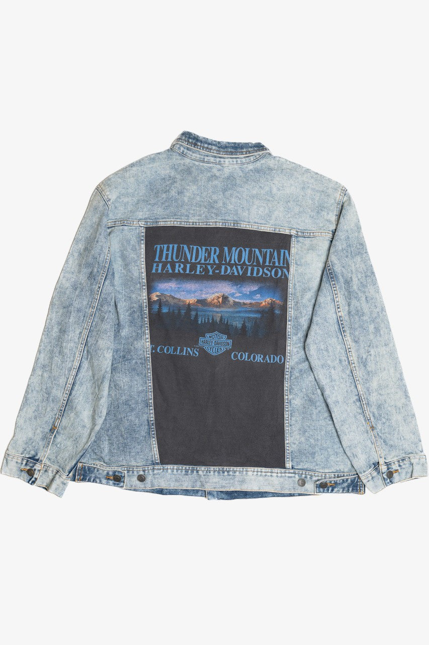 Upcycled Harley Davidson "Thunder Mountain" Eagle Horizon Back Patch Denim Jacket