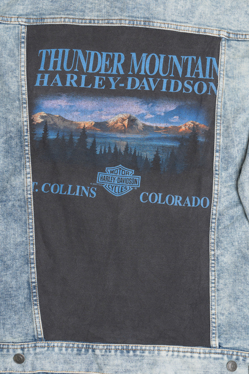 Upcycled Harley Davidson "Thunder Mountain" Eagle Horizon Back Patch Denim Jacket