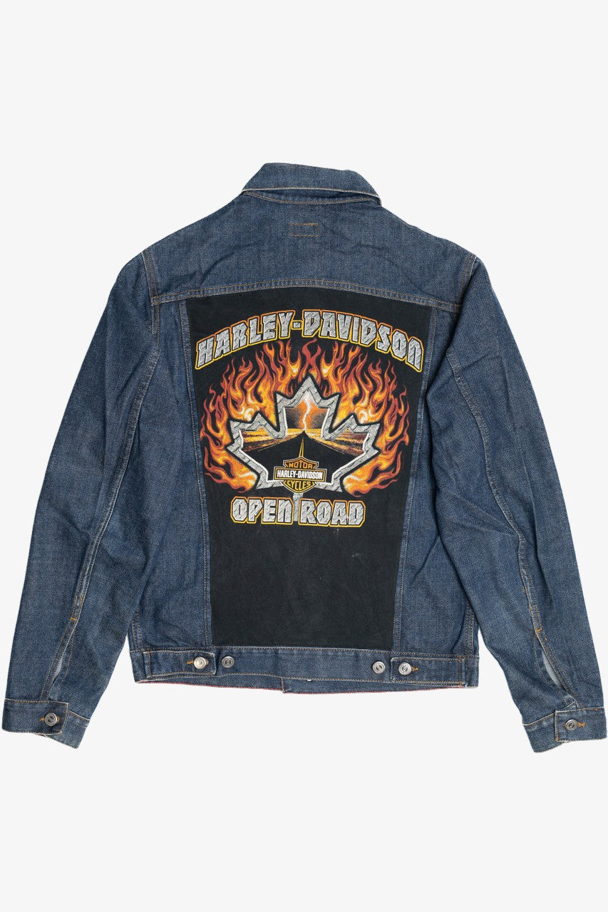 Upcycled Harley Davidson "Open Road" Flames Back Patch Denim Jacket