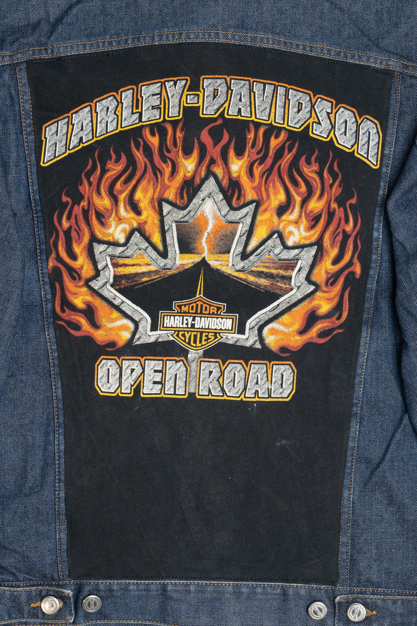 Upcycled Harley Davidson "Open Road" Flames Back Patch Denim Jacket