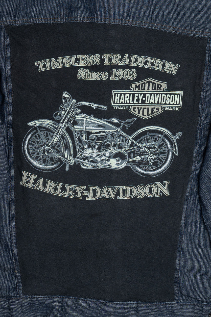 Upcycled Harley Davidson "Timeless Tradition" Back Patch Denim Jacket