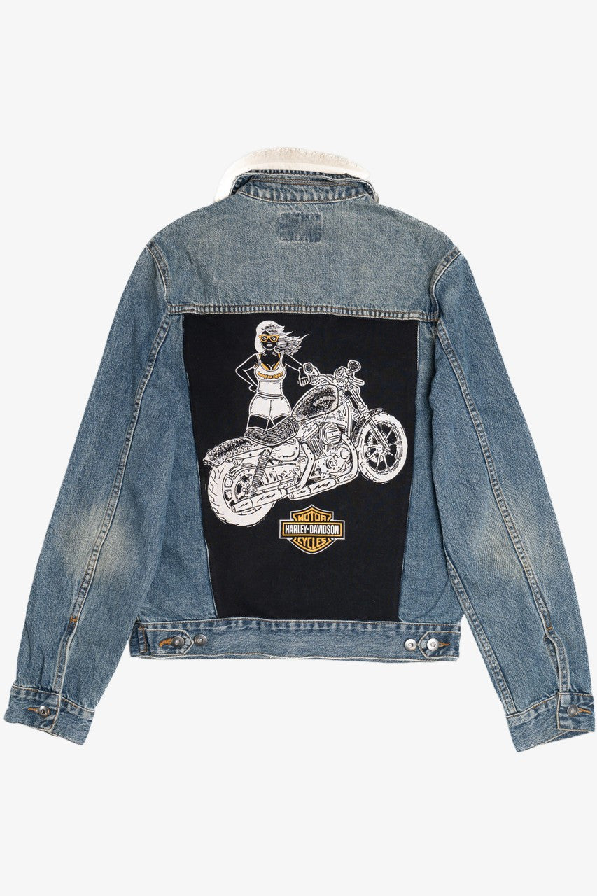 Vintage Upcycled Harley Davidson Biker Girl Back Patch Denim Jacket