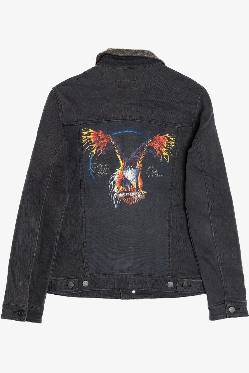 Upcycled Harley Davidson "Ride On..." Flaming Eagle Back Patch Denim Jacket 1617
