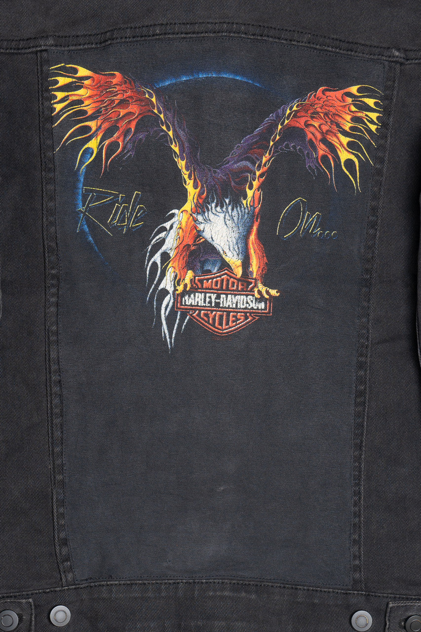 Upcycled Harley Davidson "Ride On..." Flaming Eagle Back Patch Denim Jacket 1617