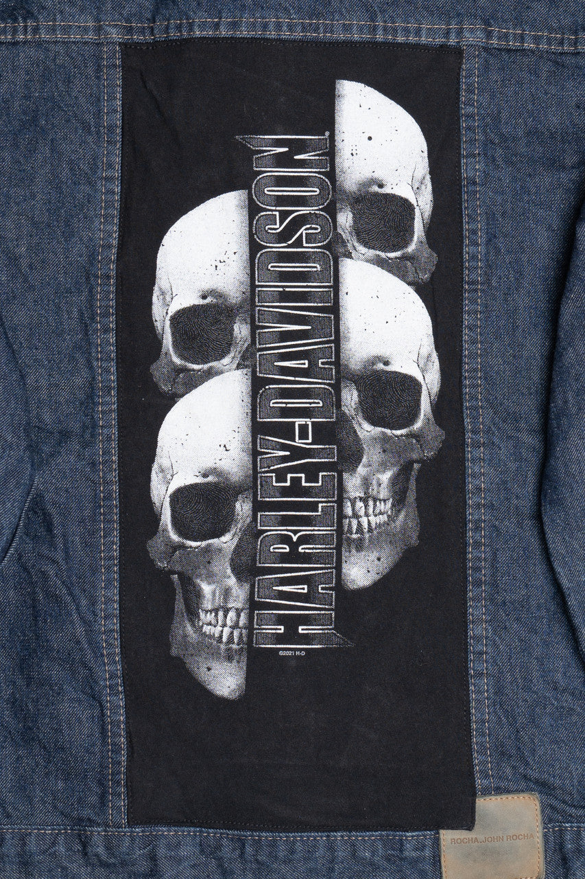 Vintage Upcycled Harley Davidson Split Skulls Back Patch Denim Jacket