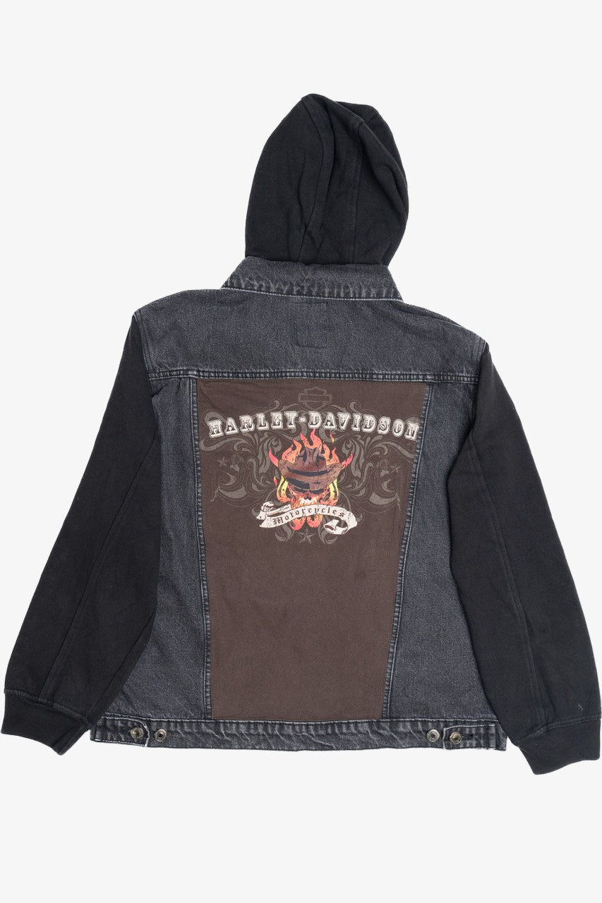 Upcycled Harley Davidson Cowboy Skull With Flames Back Patch Denim Jacket