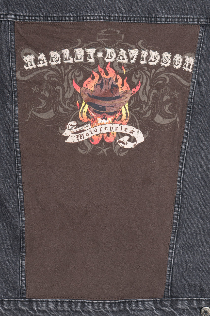 Upcycled Harley Davidson Cowboy Skull With Flames Back Patch Denim Jacket