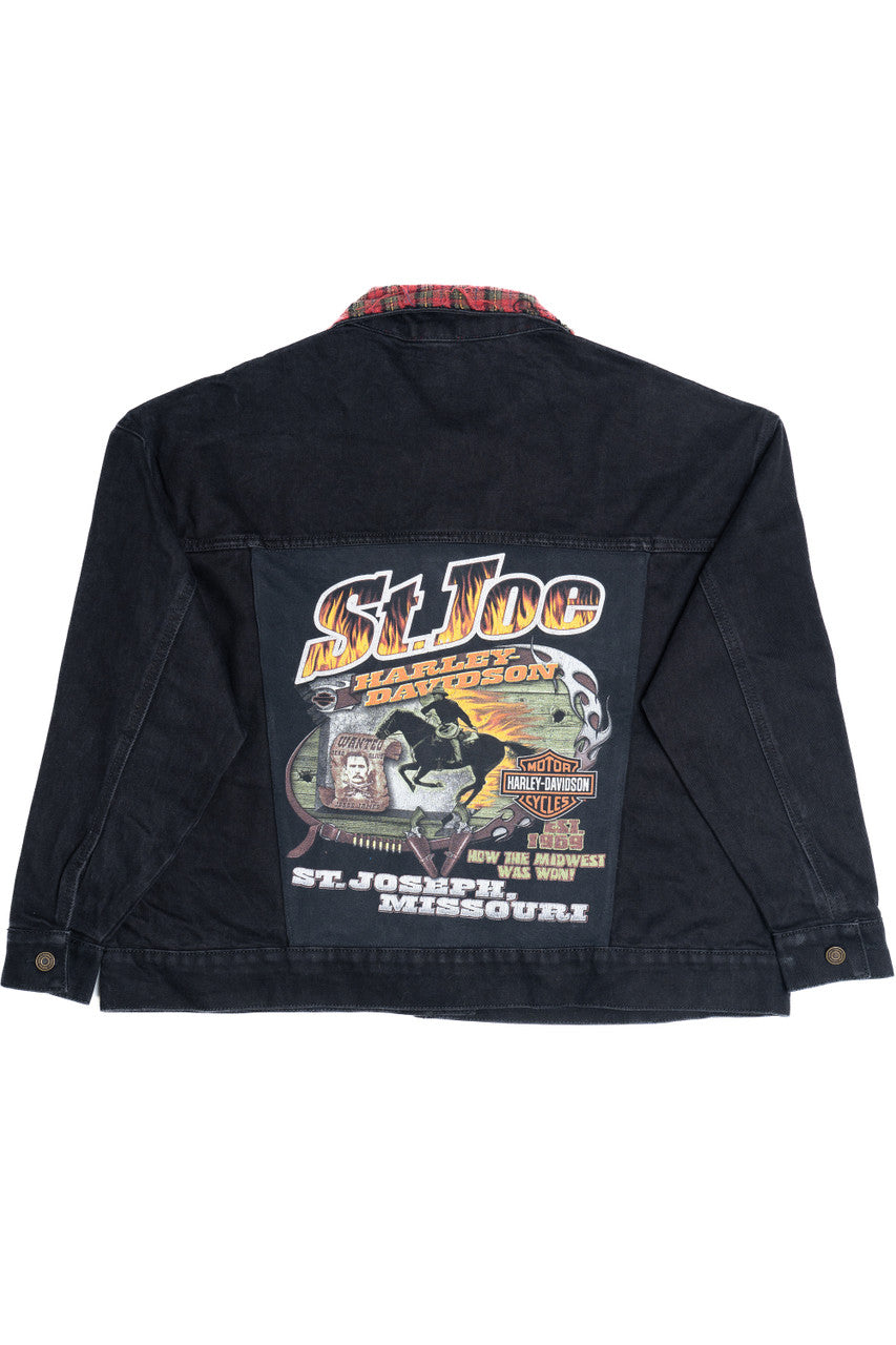Upcycled Flannel & Harley Davidson Back Patch Denim Jacket