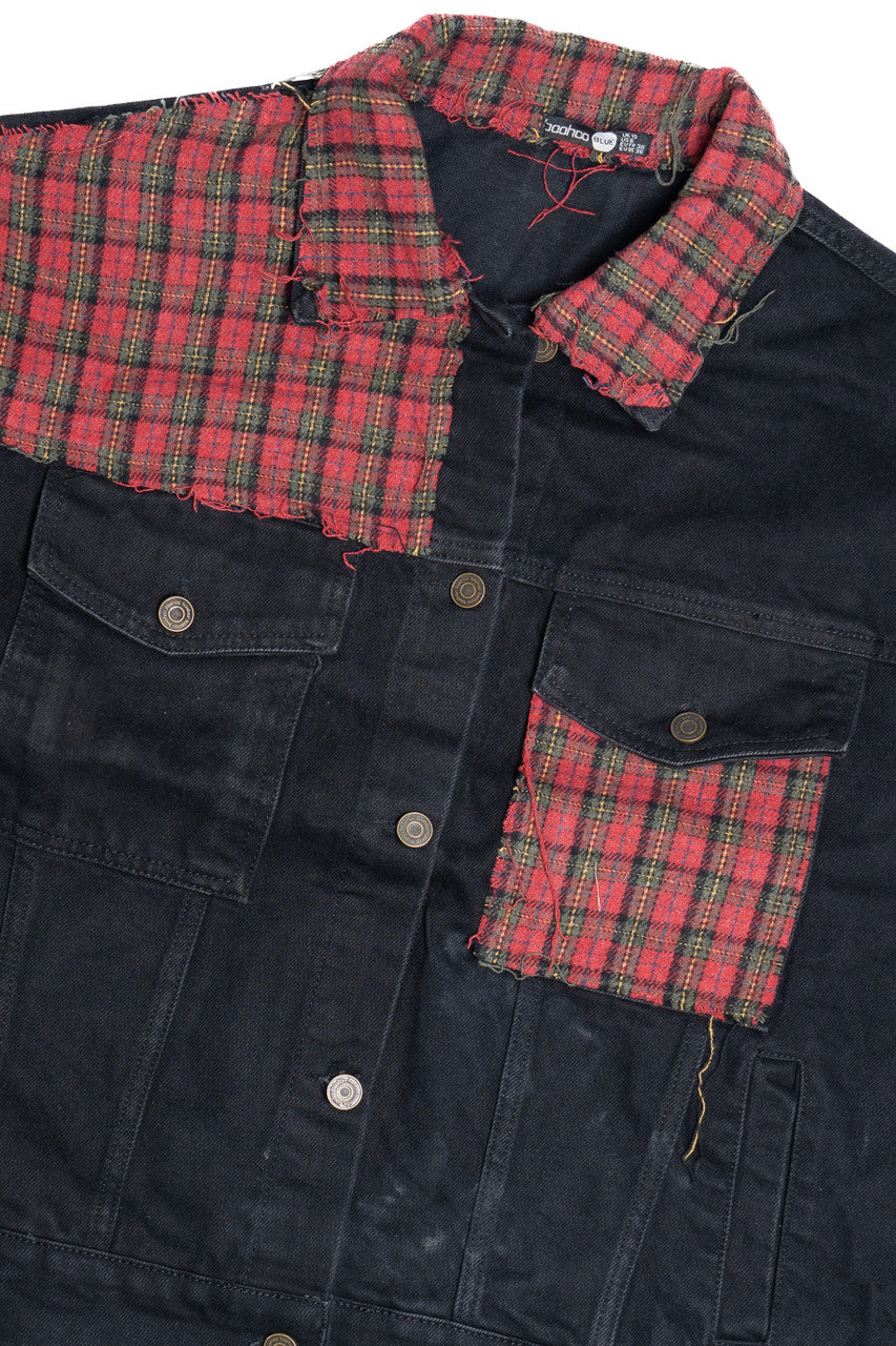 Upcycled Flannel & Harley Davidson Back Patch Denim Jacket