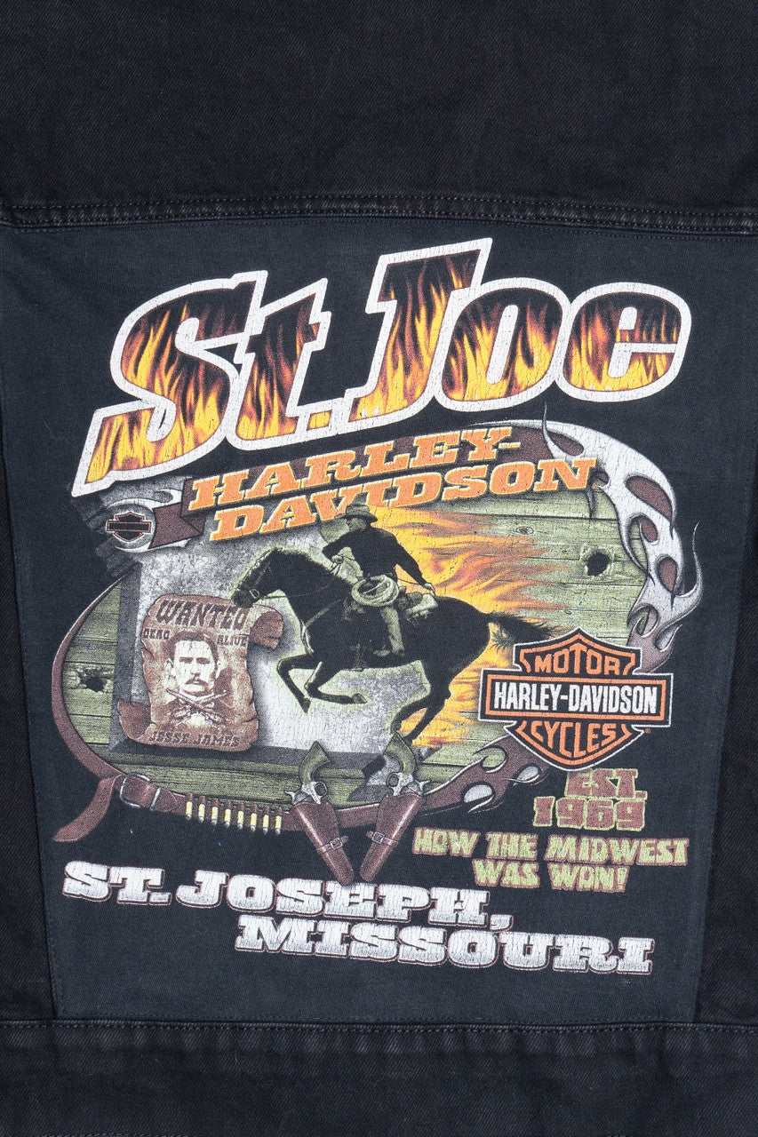 Upcycled Flannel & Harley Davidson Back Patch Denim Jacket