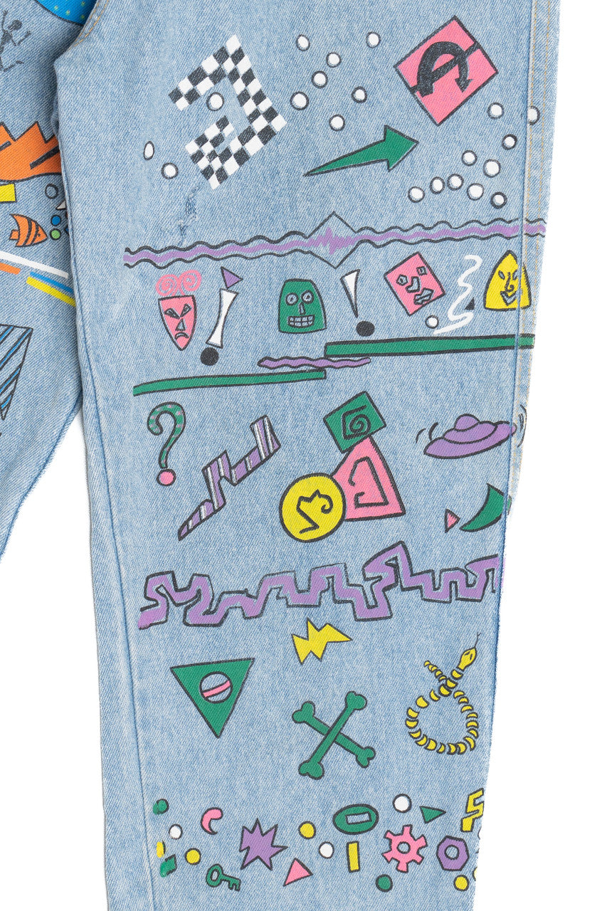 Vintage Hand Painted Memphis Design Doodle Art Denim Jeans (1990s)