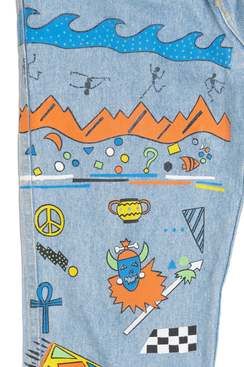Vintage Hand Painted Memphis Design Doodle Art Denim Jeans (1990s)