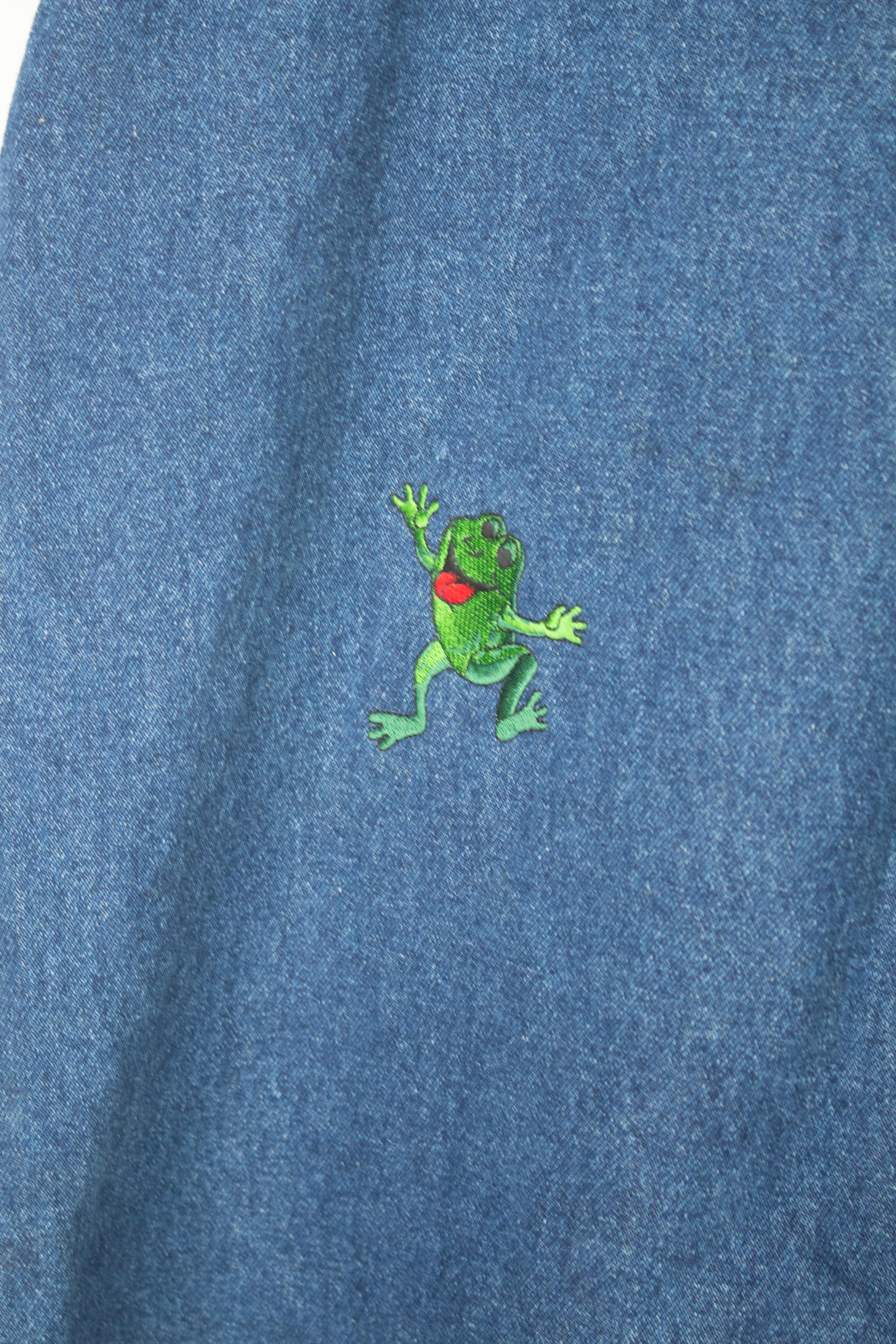 Vintage Embroidered Frogs Denim Overall Shorts (1990s)