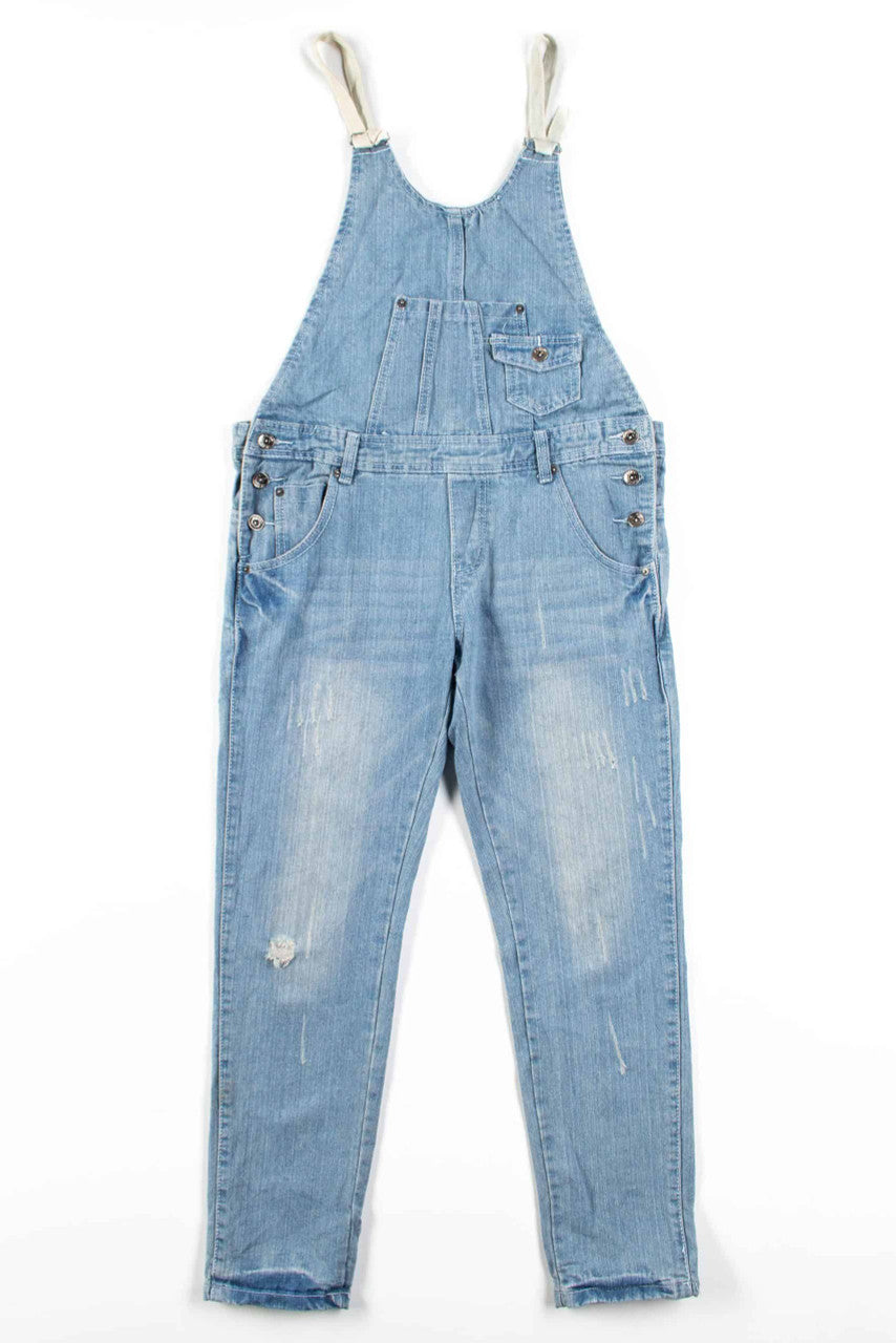 Light Wash Distressed Denim Overalls 2