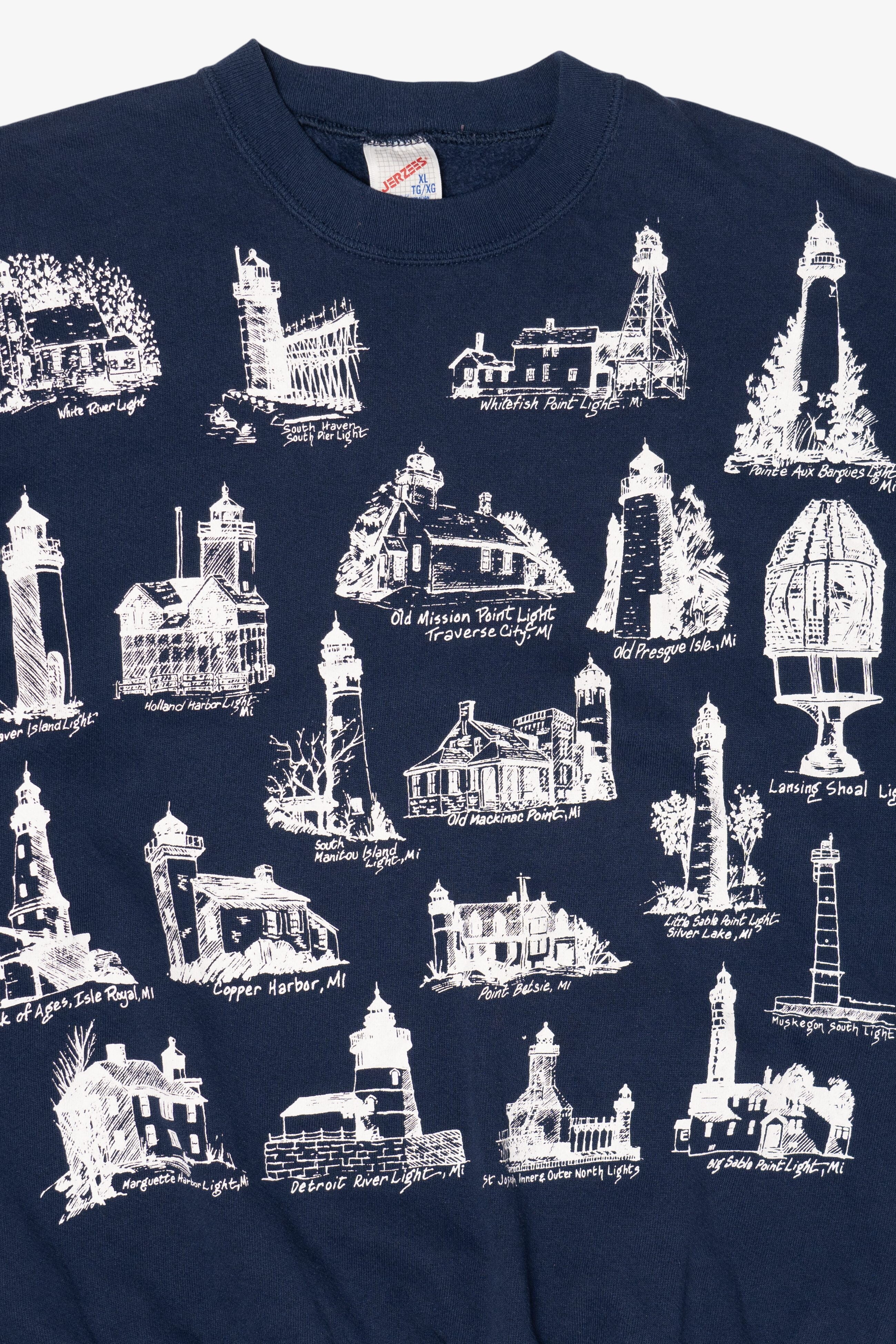 Vintage Navy Blue Michigan Lighthouses Sweatshirt (1990s)