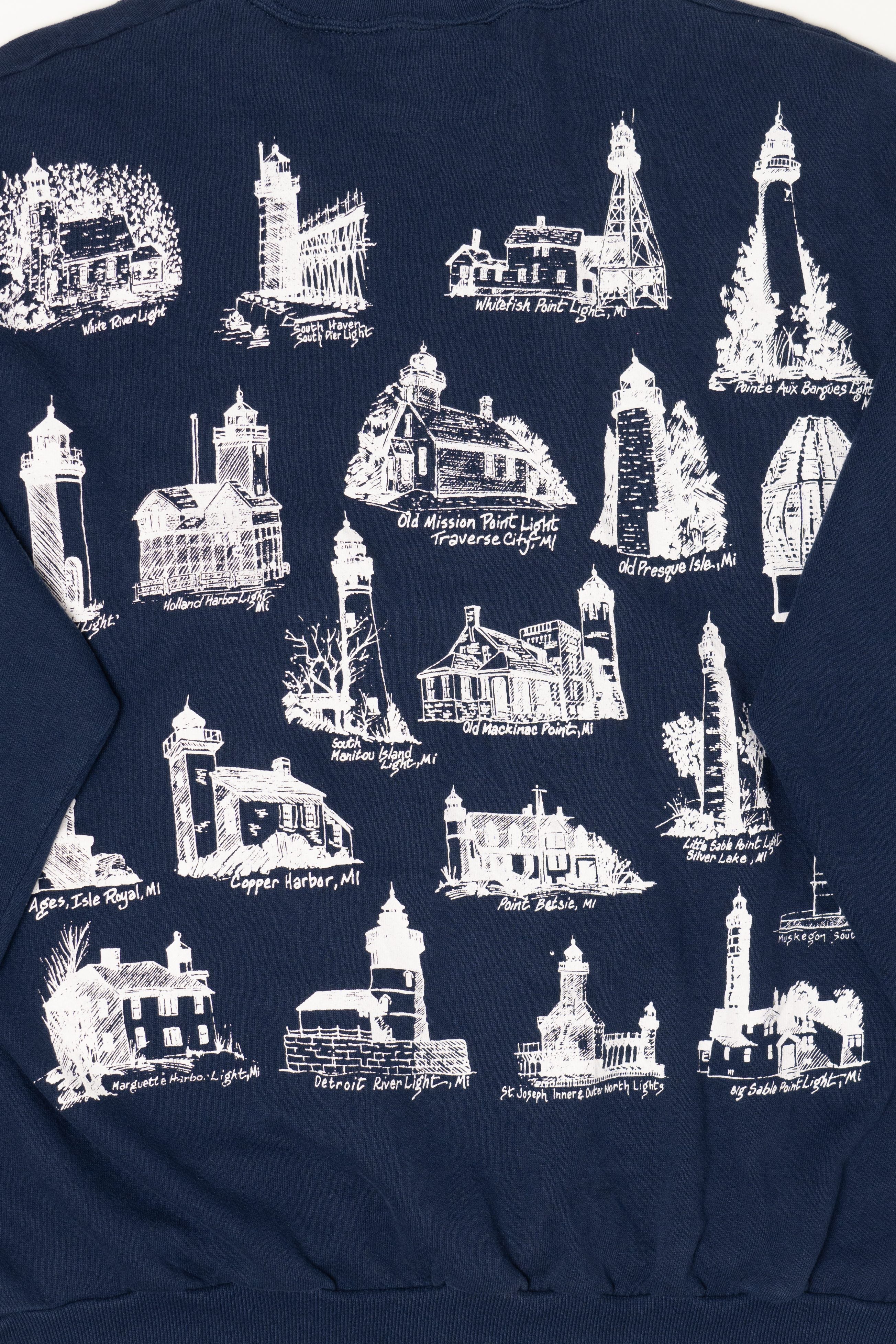 Vintage Navy Blue Michigan Lighthouses Sweatshirt (1990s)