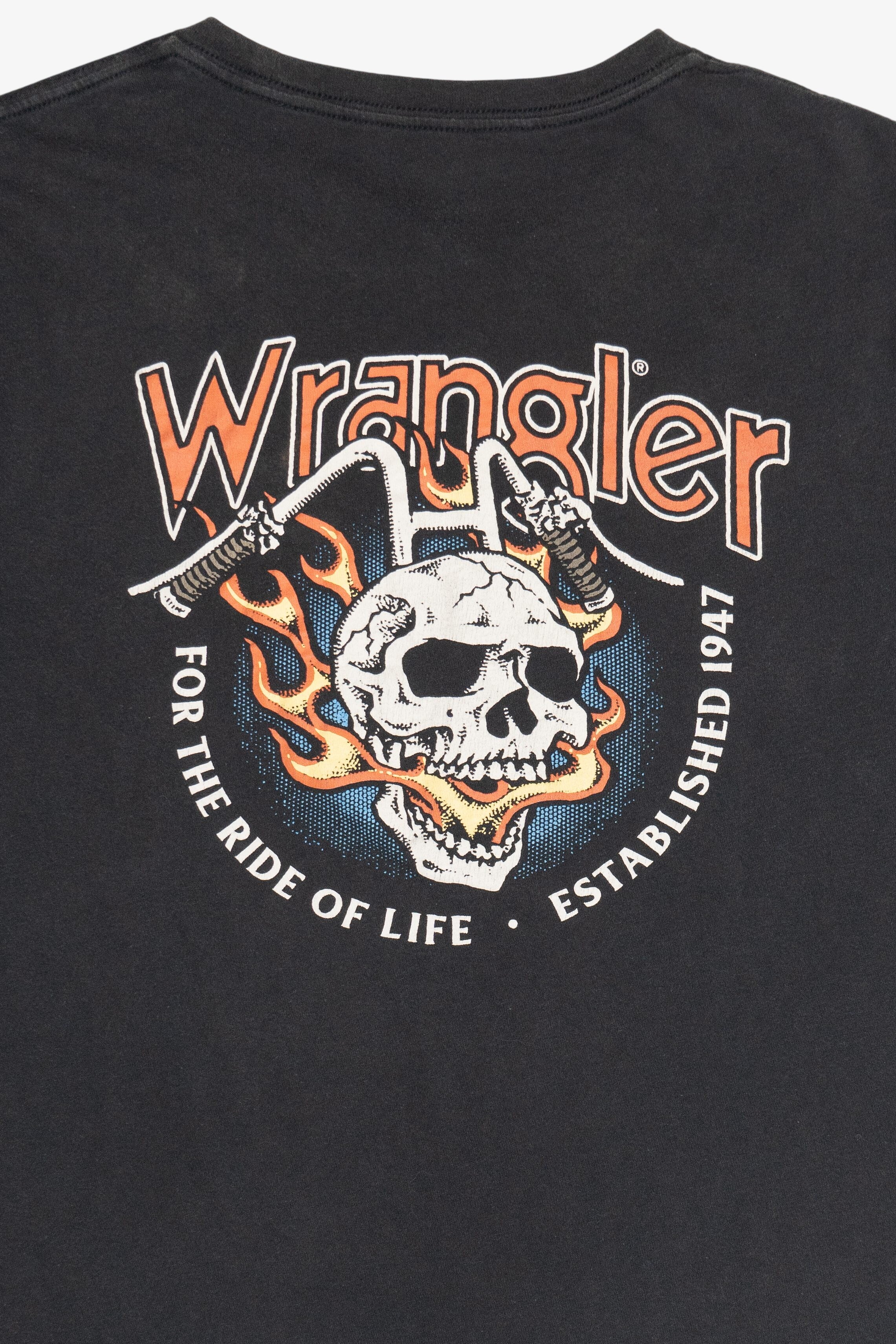 Wrangler "For The Ride Of Life" Motorcycle Skull With Flames Faded T-Shirt (2020s)