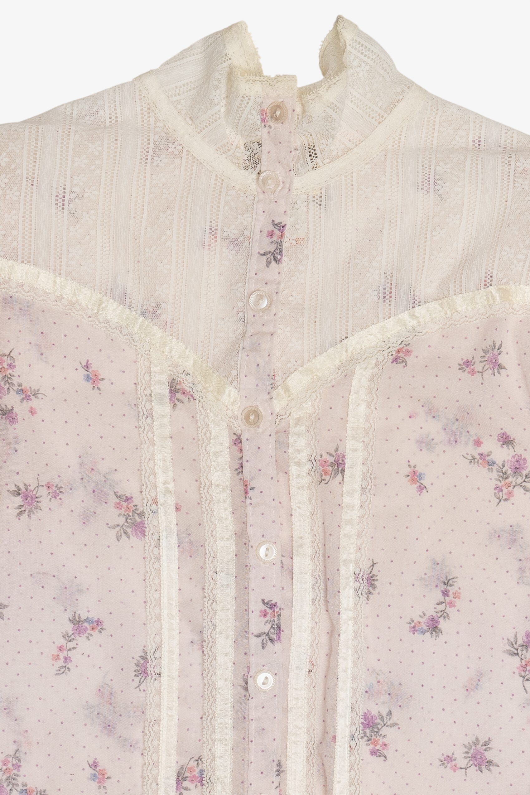 Vintage Gunne Sax 2 Piece Light Lavender Floral Semi Sheer Button Up Top & Skirt Set (1970s)