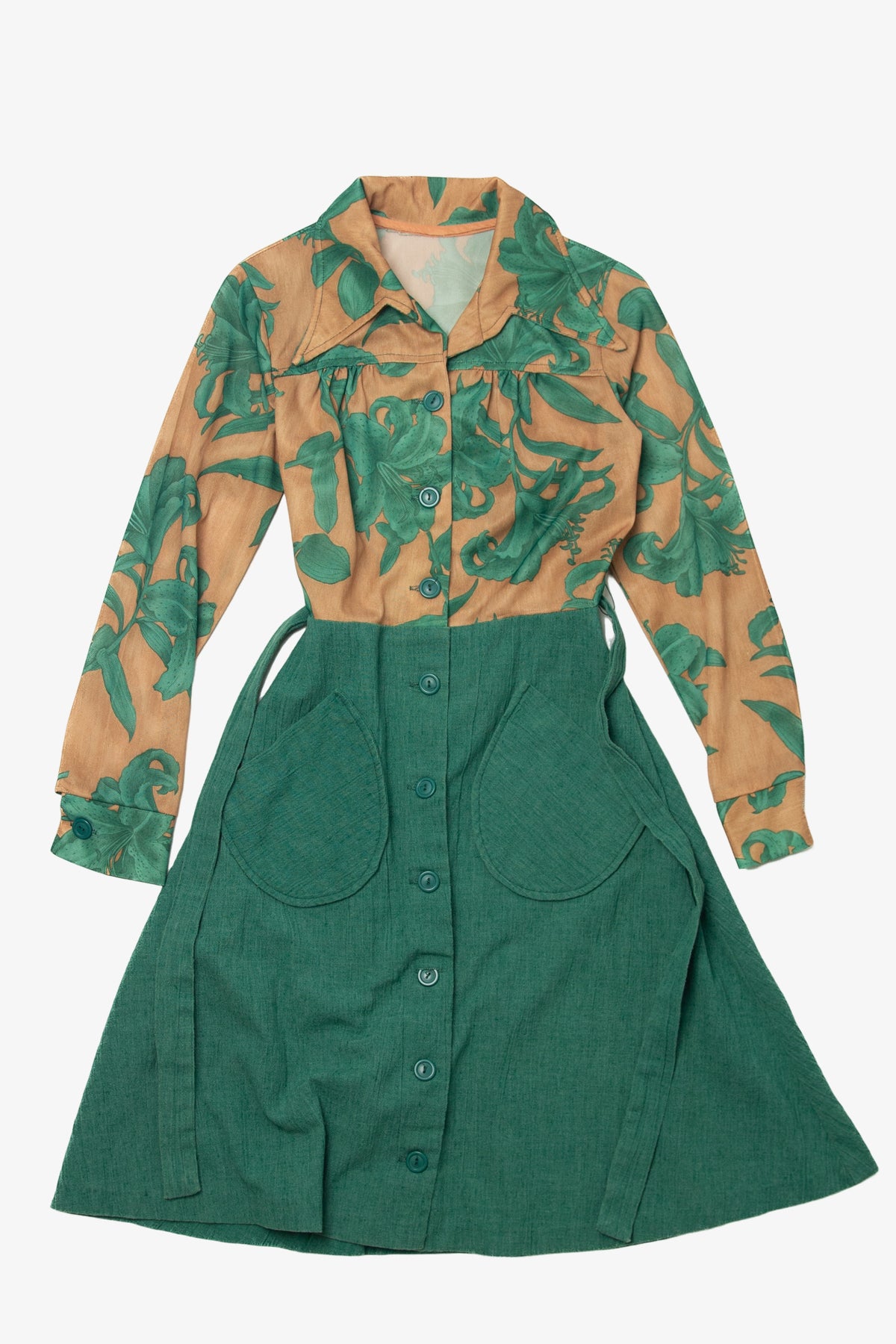 Vintage Green Flowers Shirt Dress