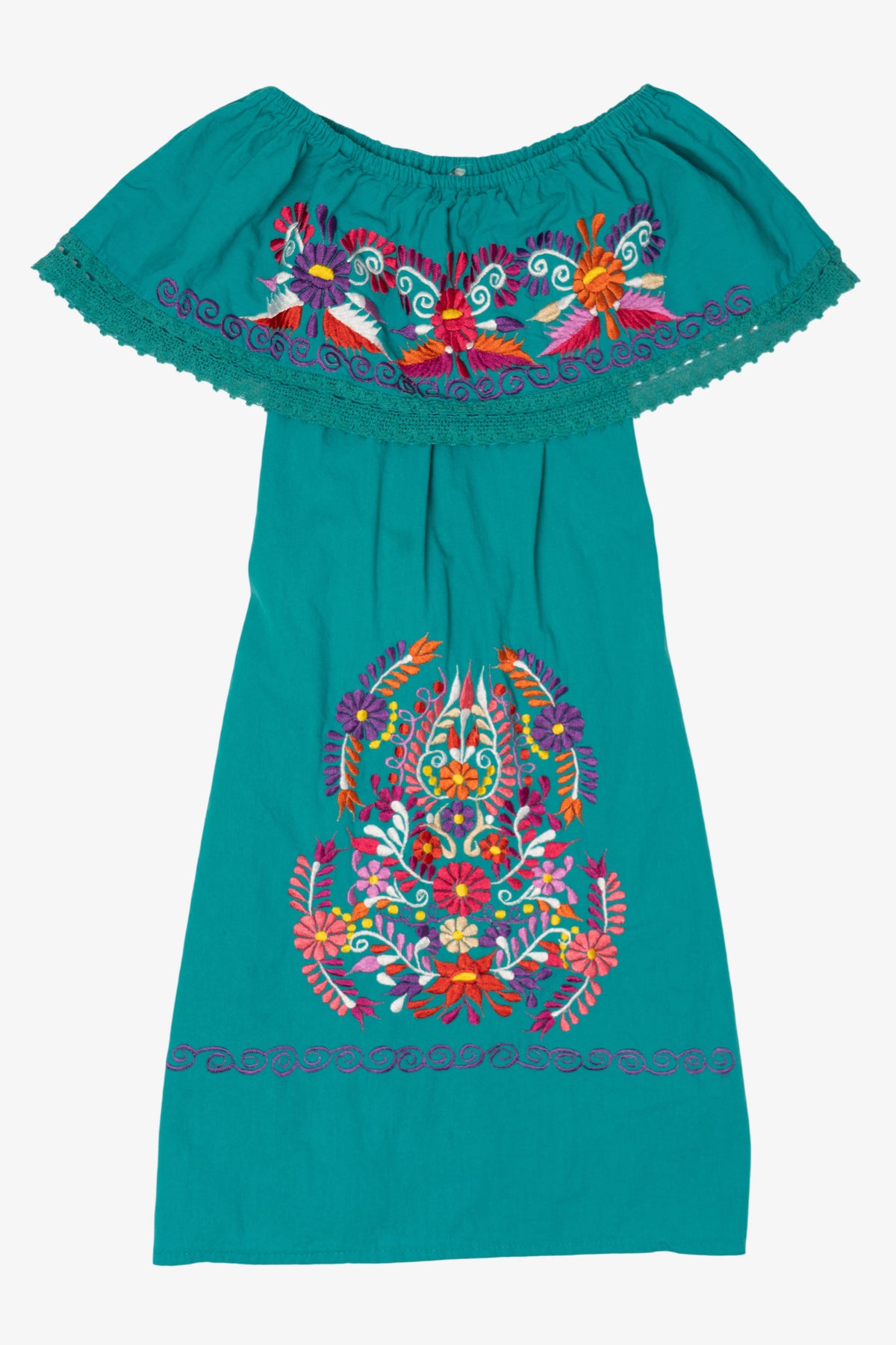 Vintage Turquoise Mexican Huipil Style Embroidered Dress (2000s)