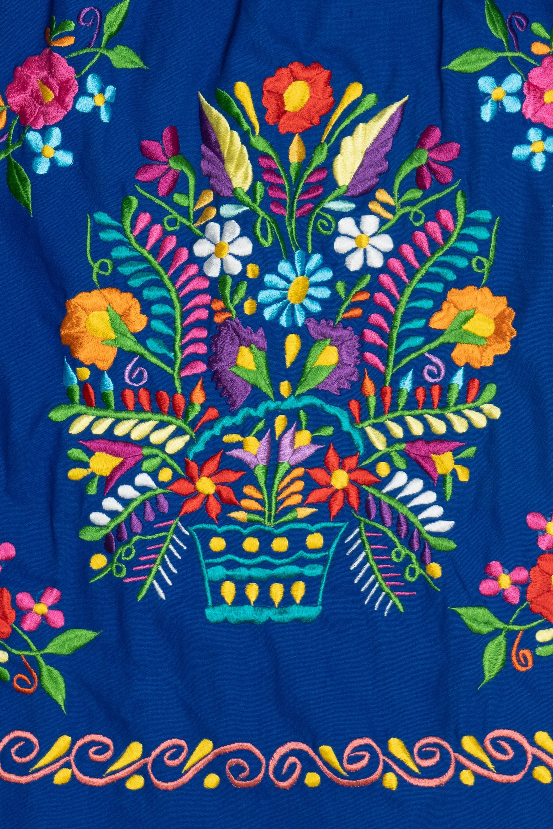 Vintage Blue Hand Embroidered Off The Shoulder Huipil Dress (1990s)