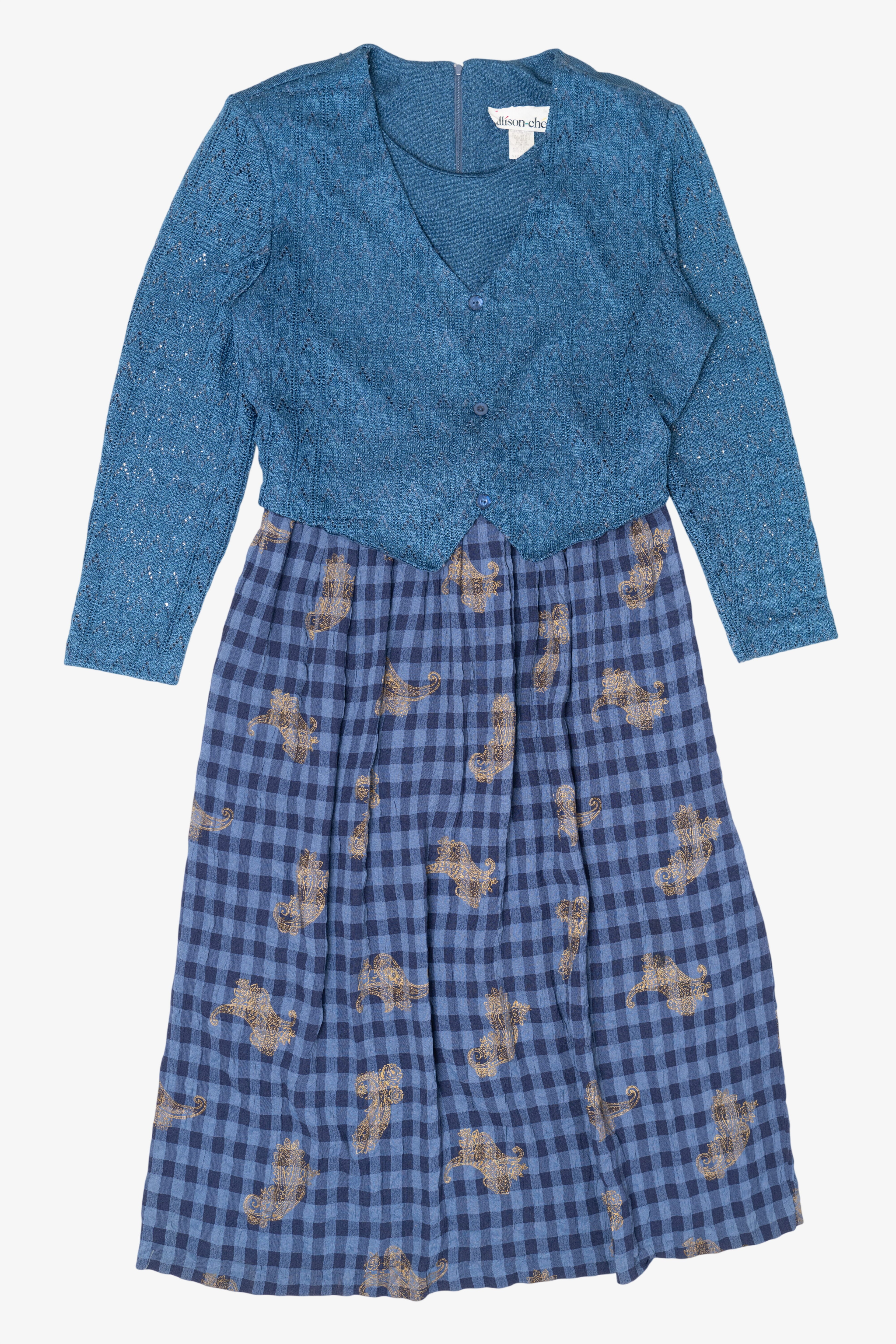 Vintage Blue Allison-Che Knit Vest And Gingham Plaid Skirt (1980s)