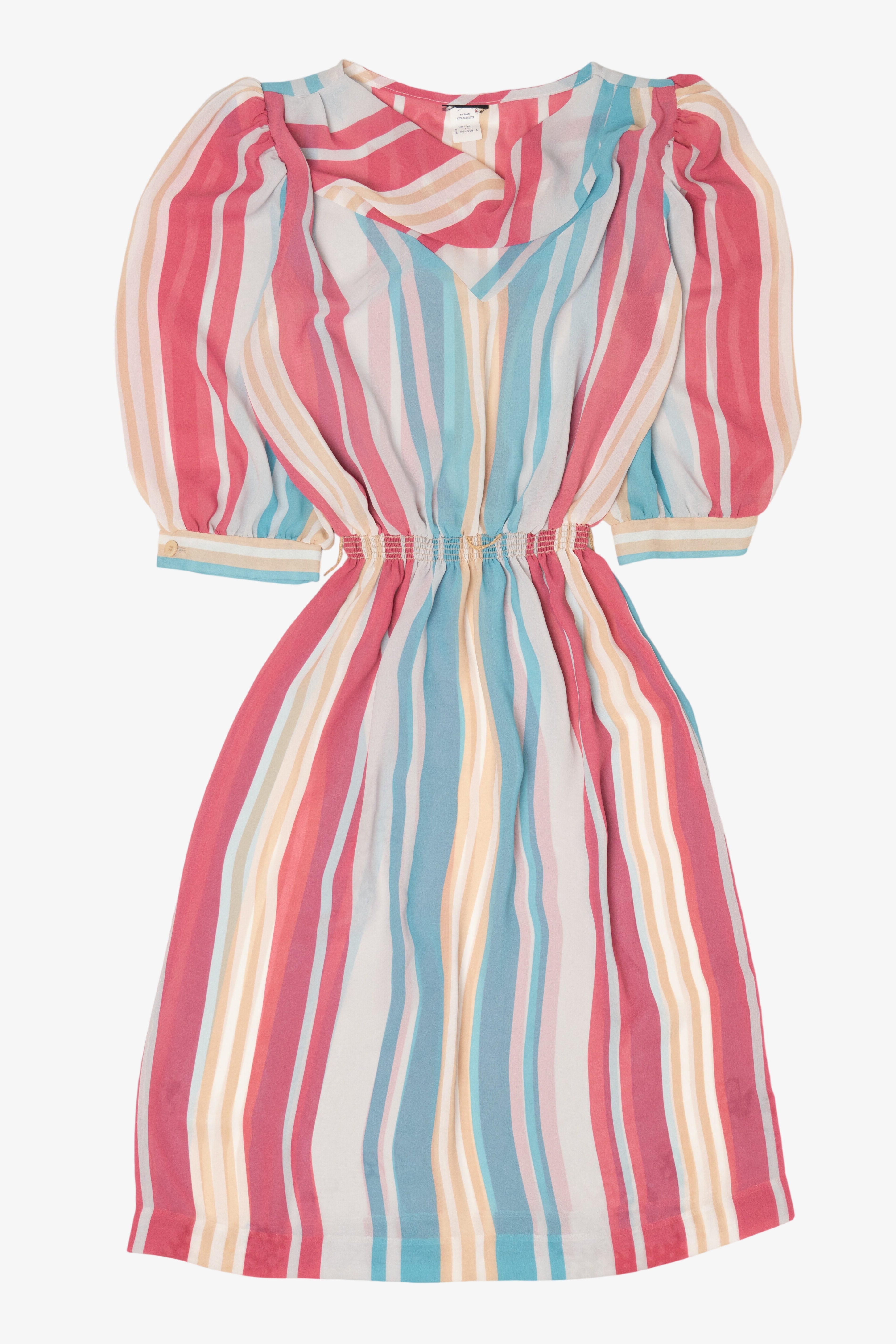 Vintage Pink And Blue Striped Puffy Sleeved Dress (1980s)