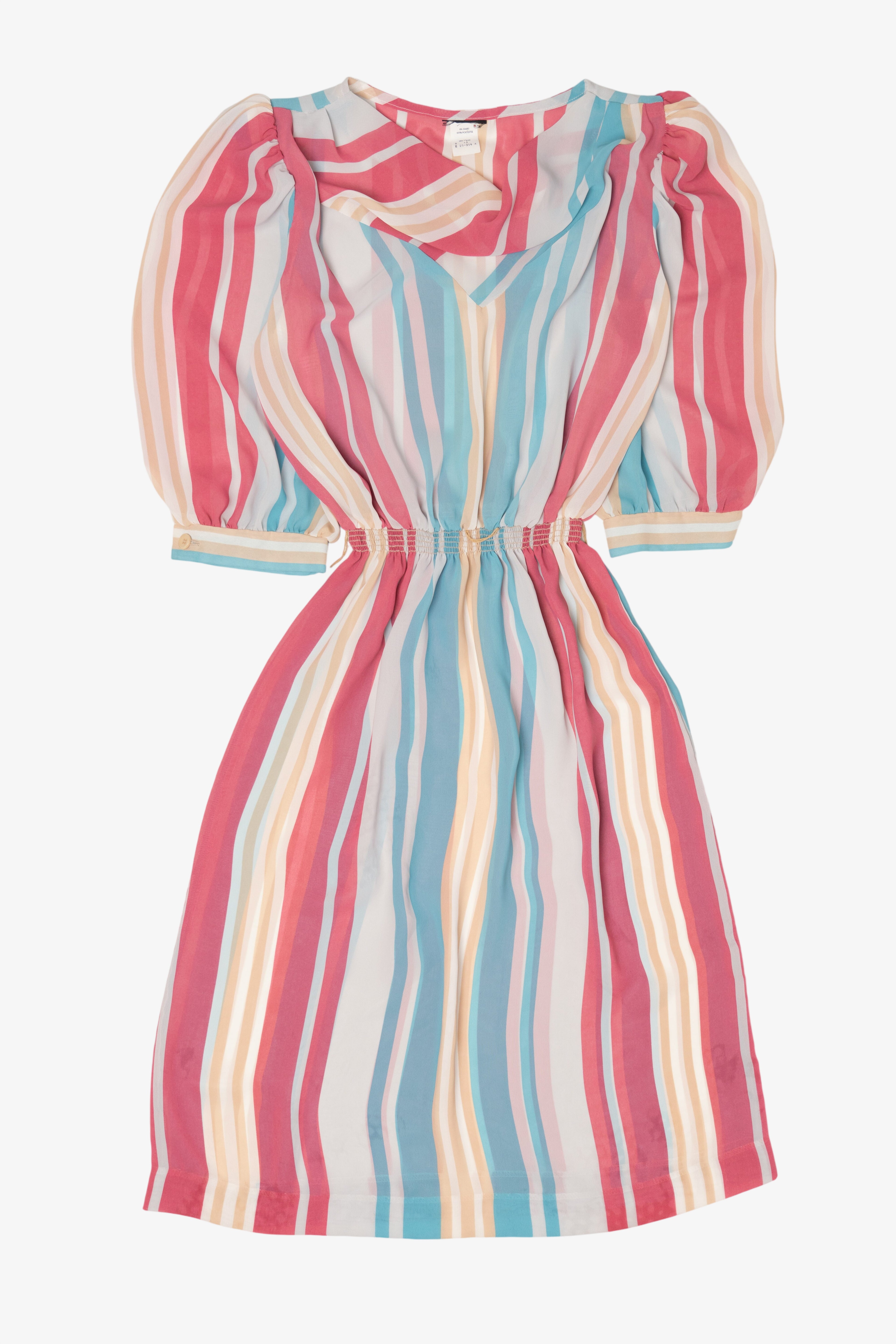 Vintage Pink And Blue Striped Puffy Sleeved Dress (1980s)