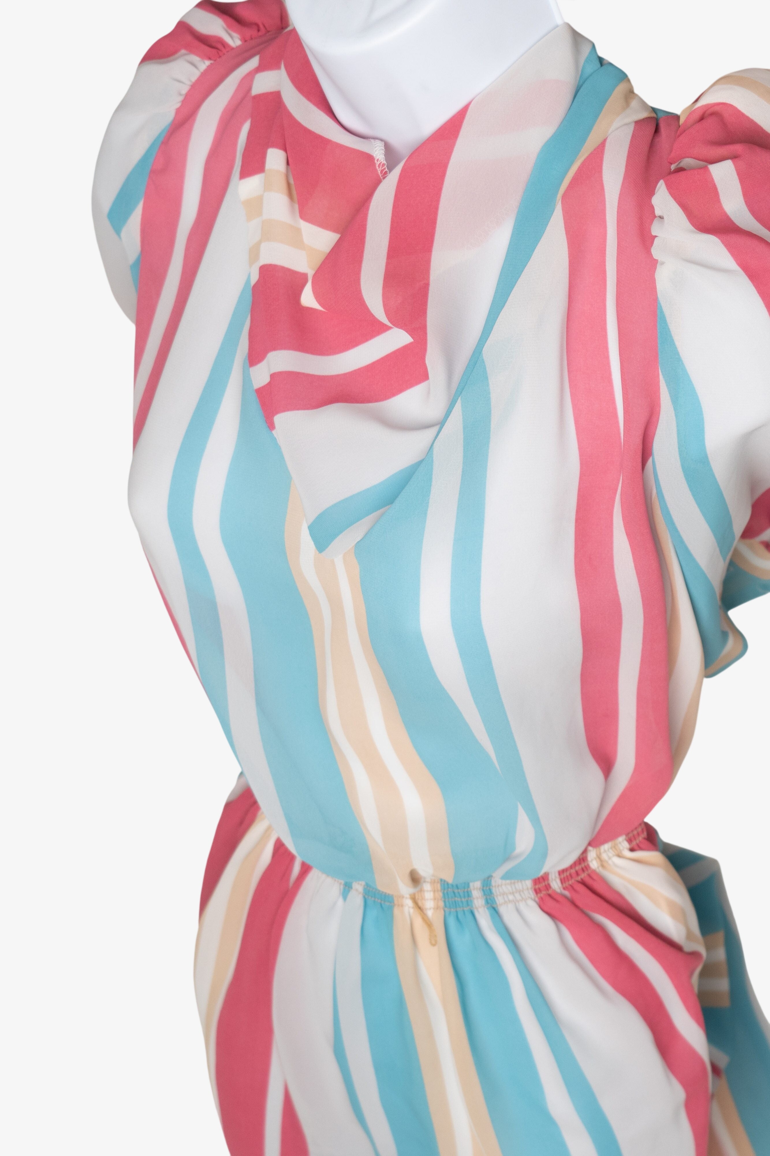 Vintage Pink And Blue Striped Puffy Sleeved Dress (1980s)