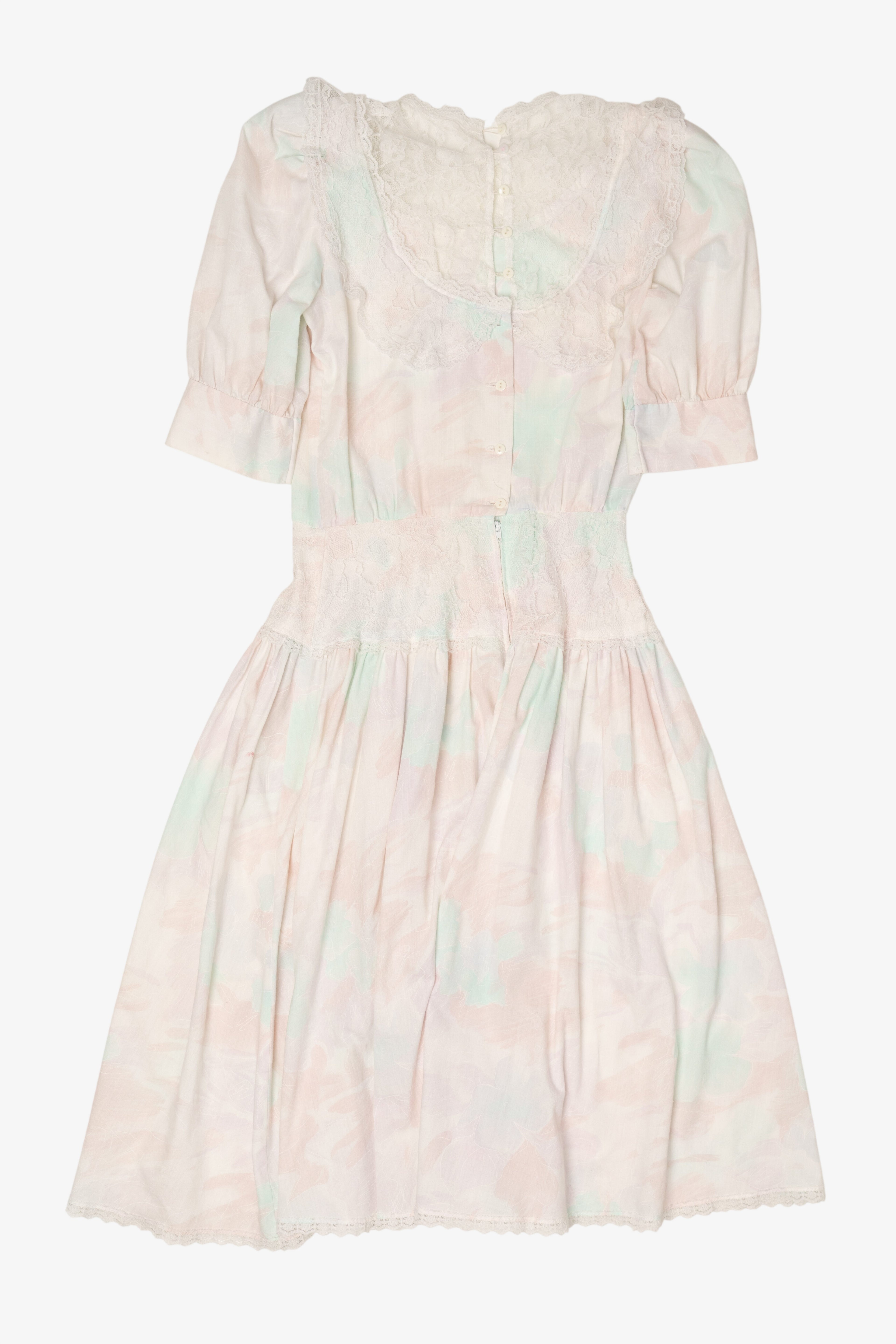 Vintage Lace Puffy Sleeve Midi Pastel Dress (1980s)