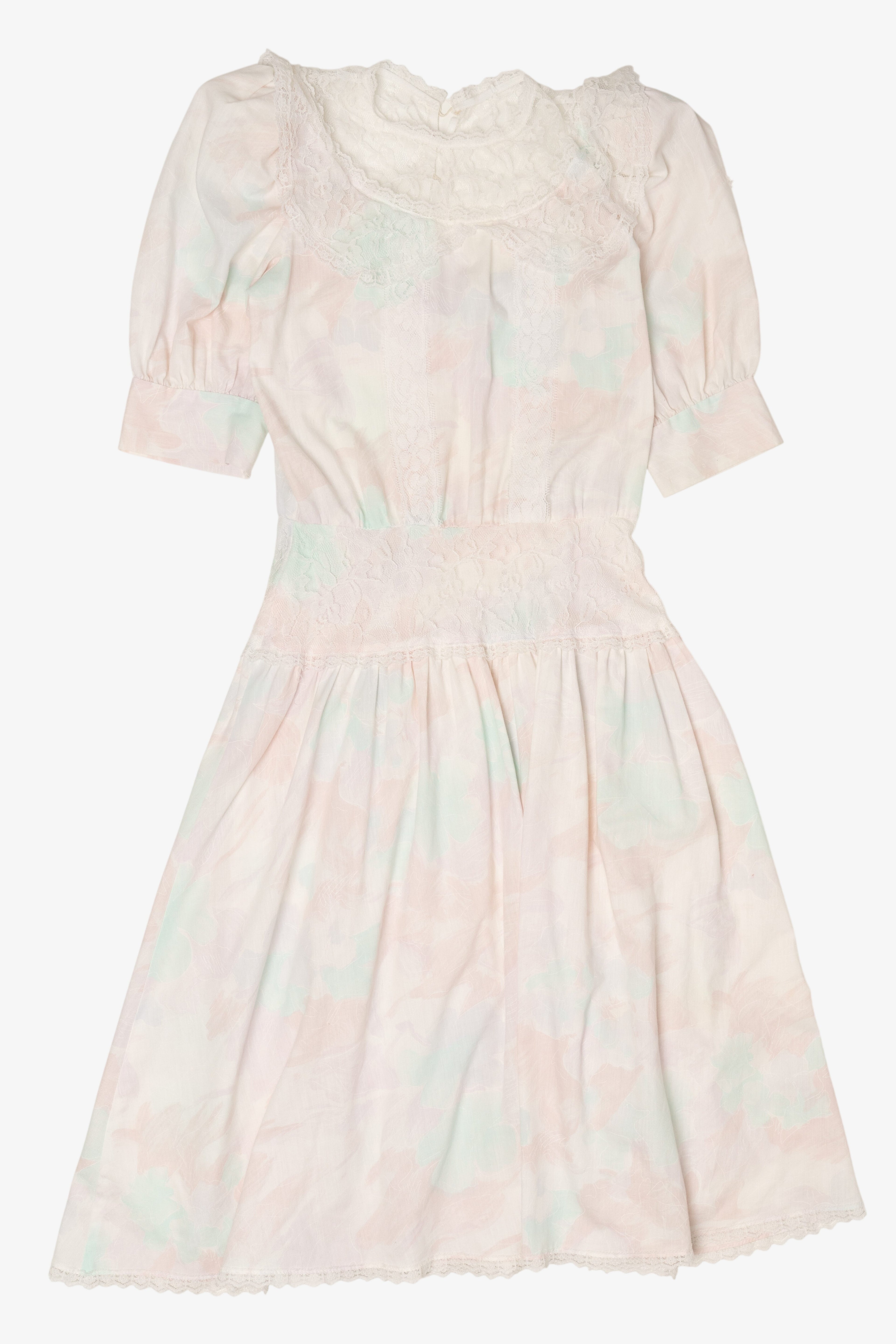 Vintage Lace Puffy Sleeve Midi Pastel Dress (1980s)