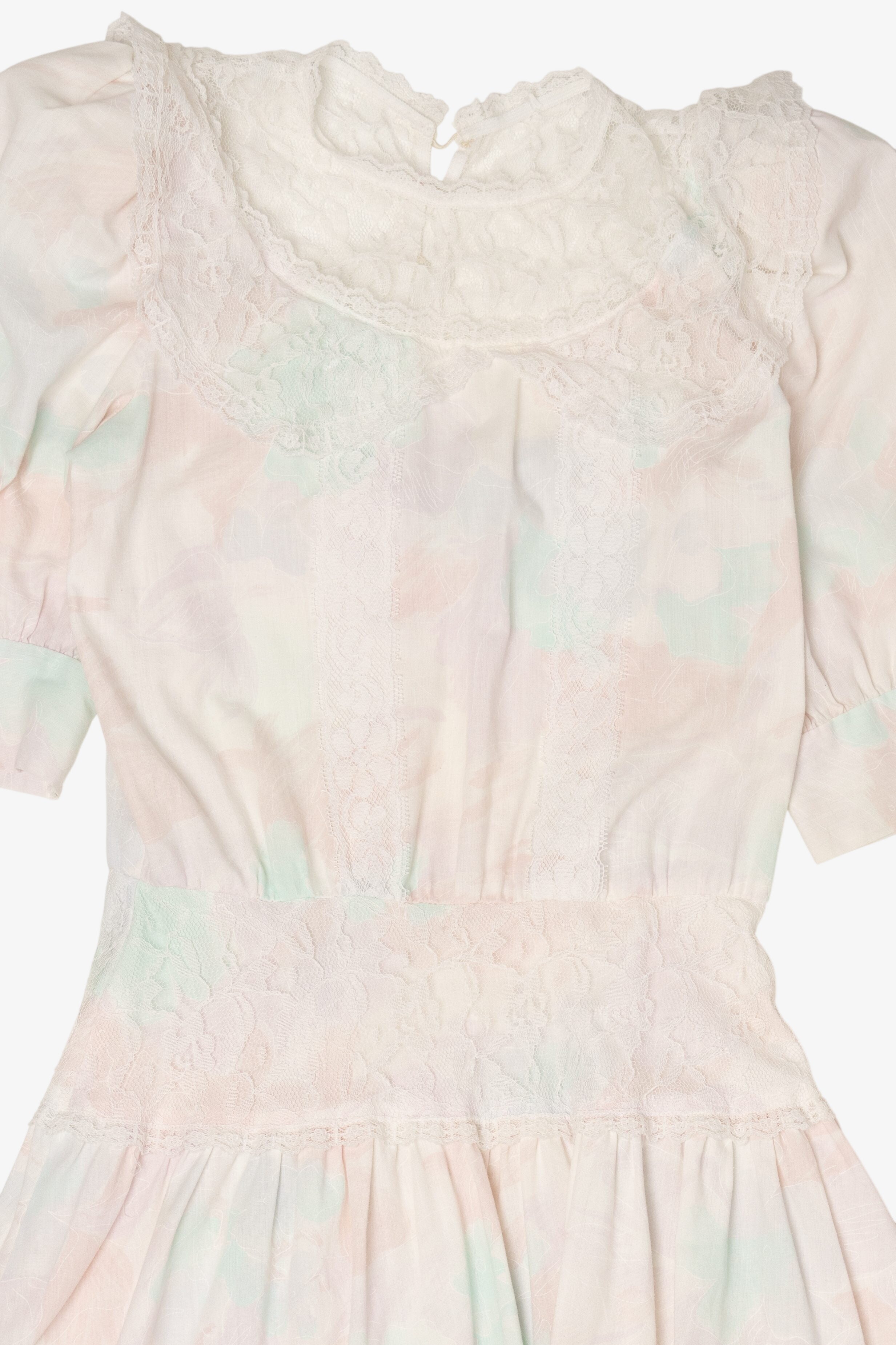 Vintage Lace Puffy Sleeve Midi Pastel Dress (1980s)