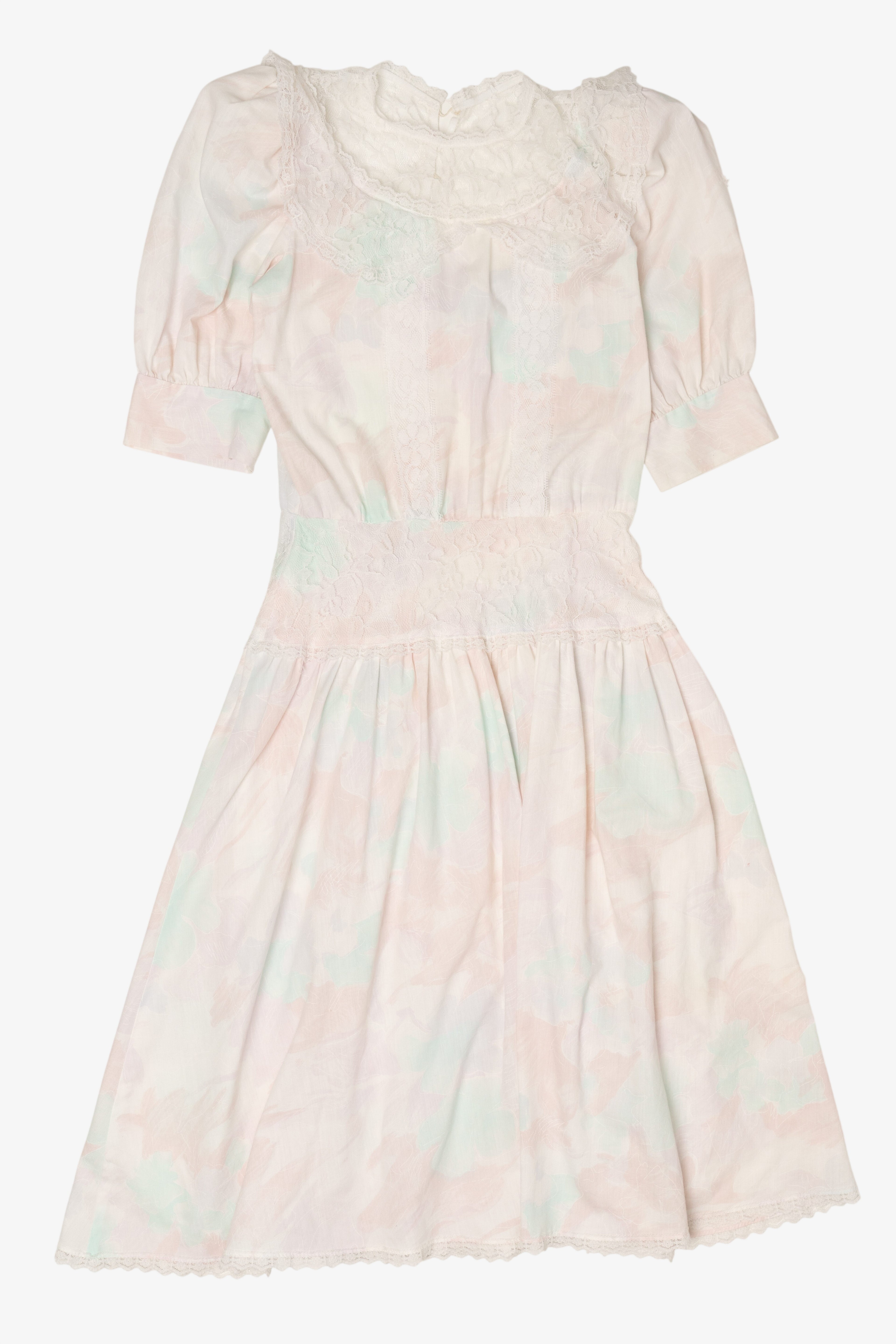 Vintage Lace Puffy Sleeve Midi Pastel Dress (1980s)