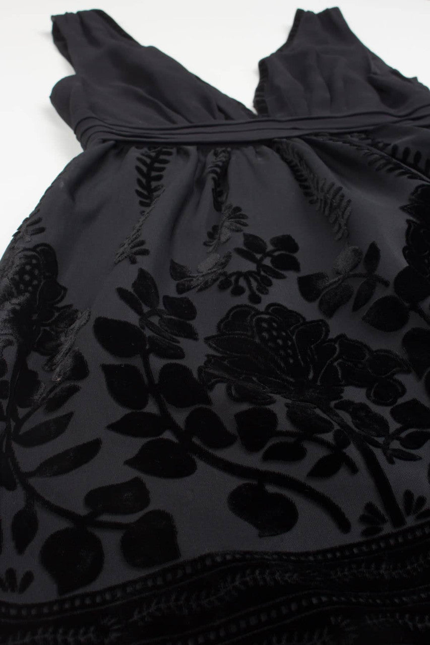 Flocked Floral Black Dress 676