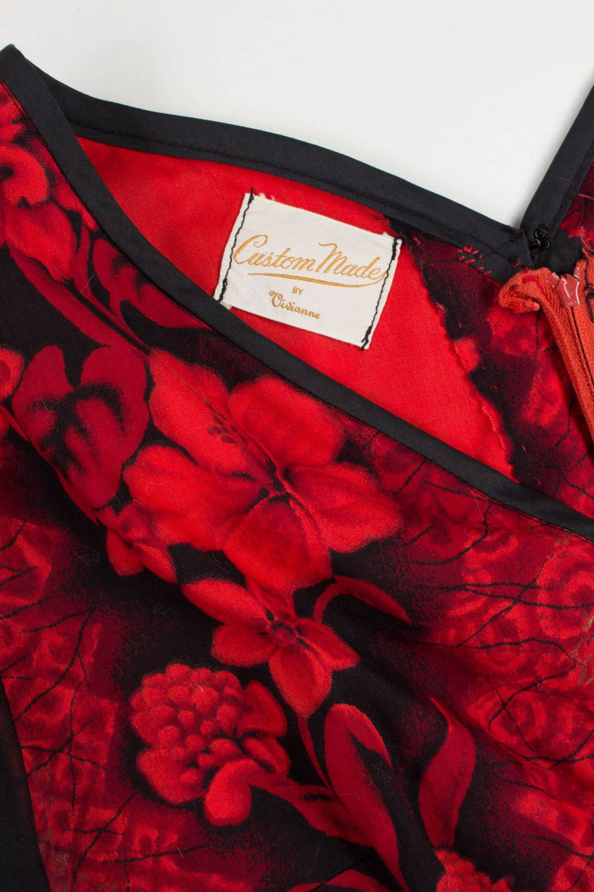 Red Floral Mesh Sleeve Swing Dress