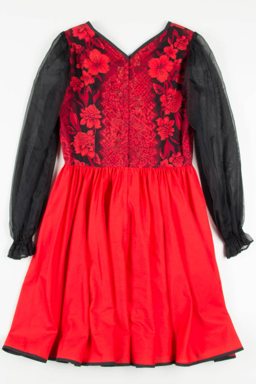 Red Floral Mesh Sleeve Swing Dress