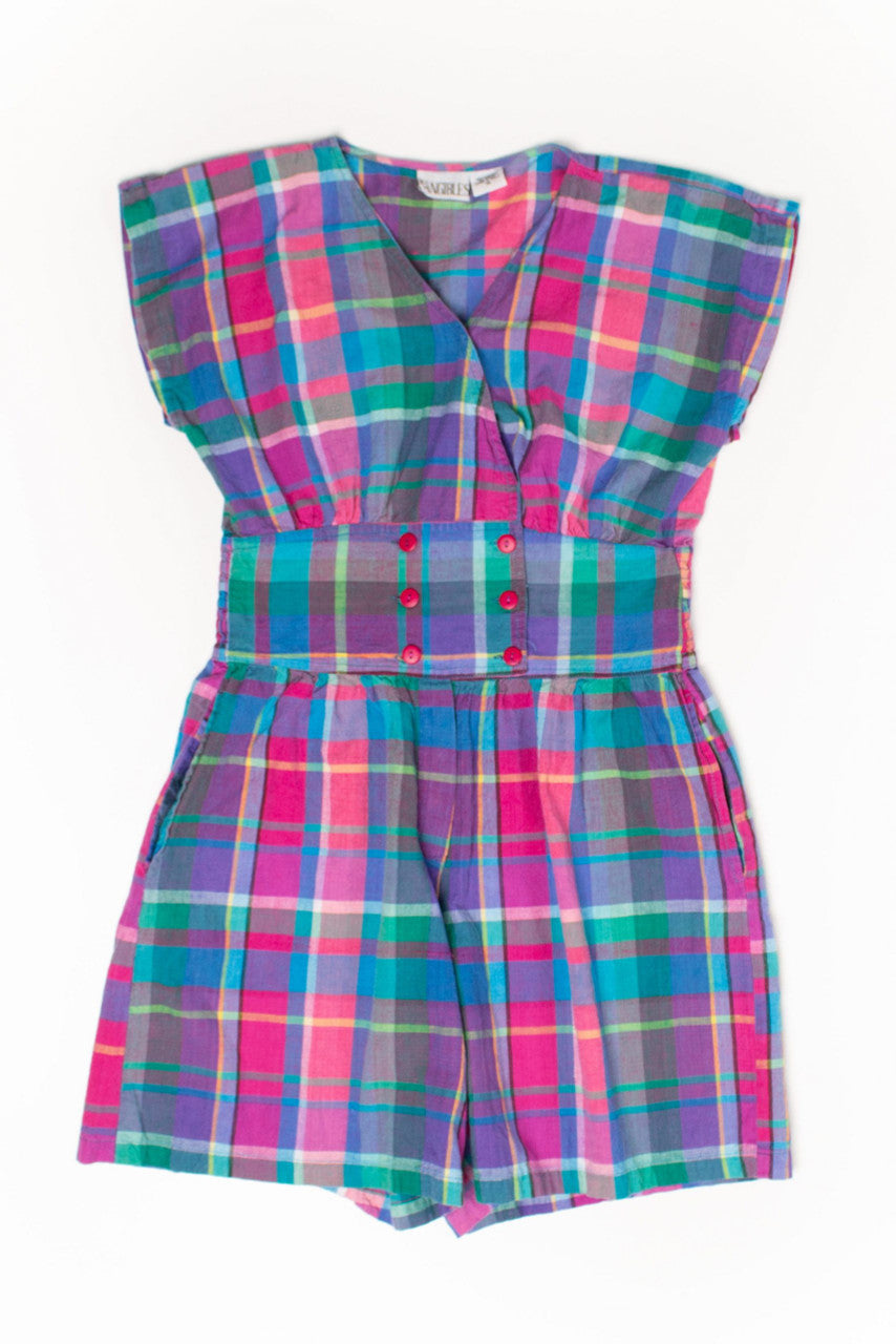 Vintage Rainbow Plaid Button Up Romper