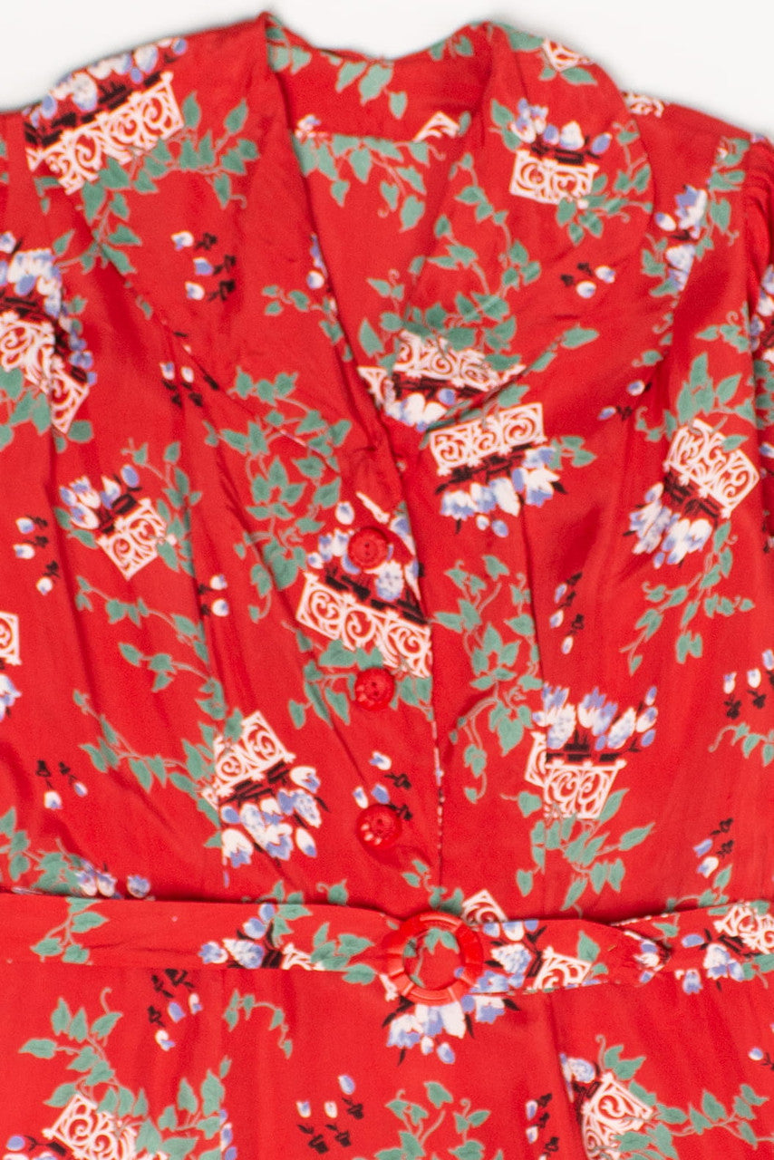 Vintage Red Leafy Floral Dress