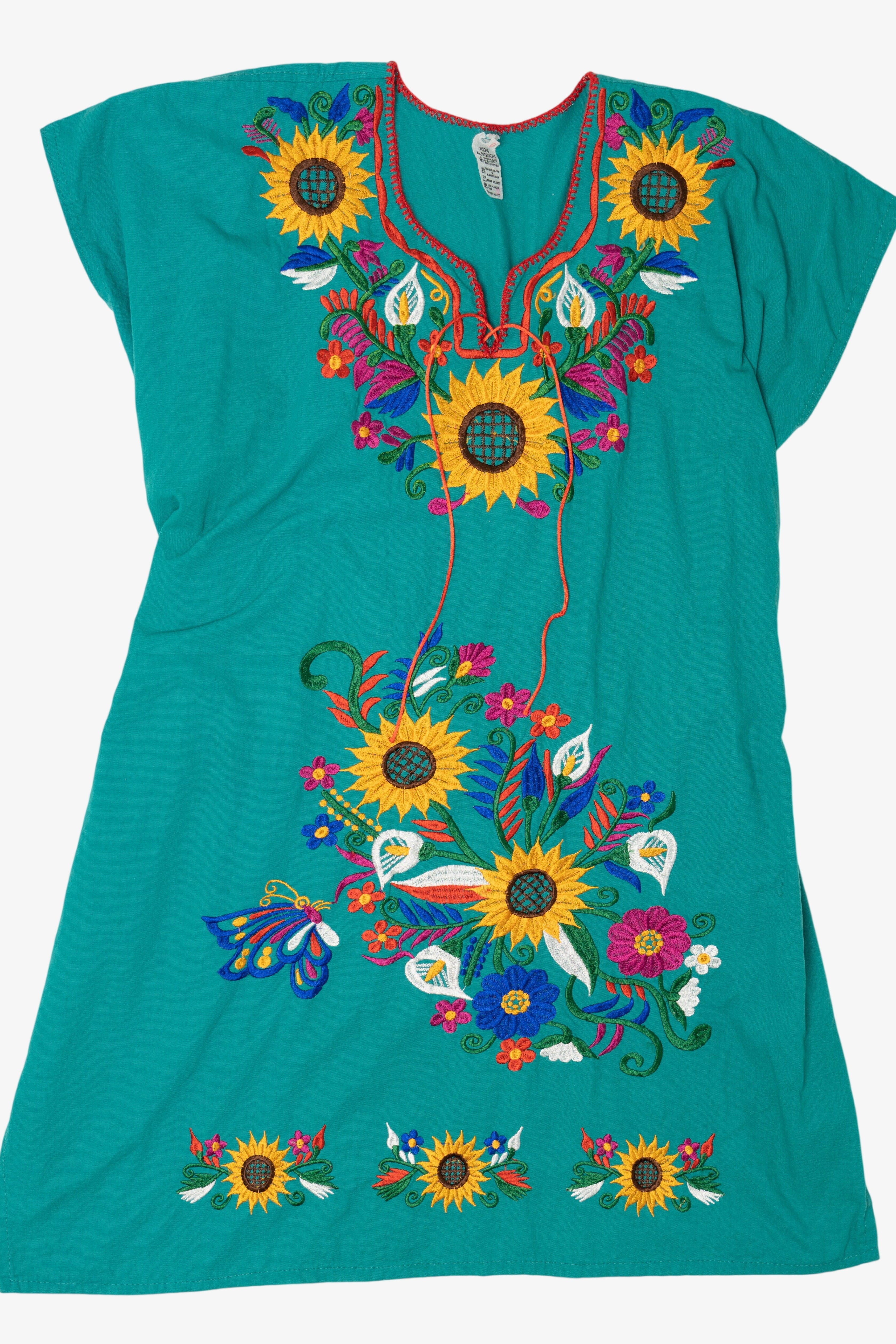 Vintage Teal Mexican Sunflower Embroidered Dress (1990s)