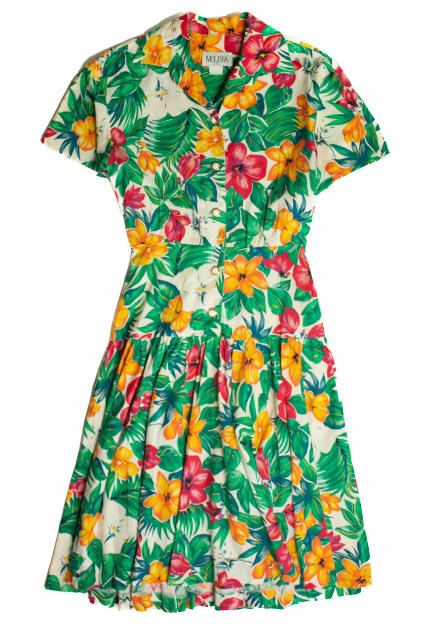Vintage Tropical Flowers Shirt Dress (sz. Medium)