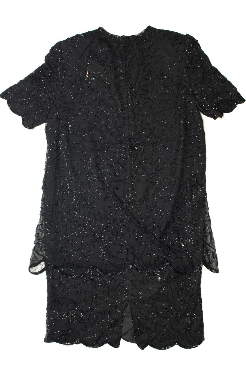 Vintage Scallop Sleeve Beaded Lined Dress