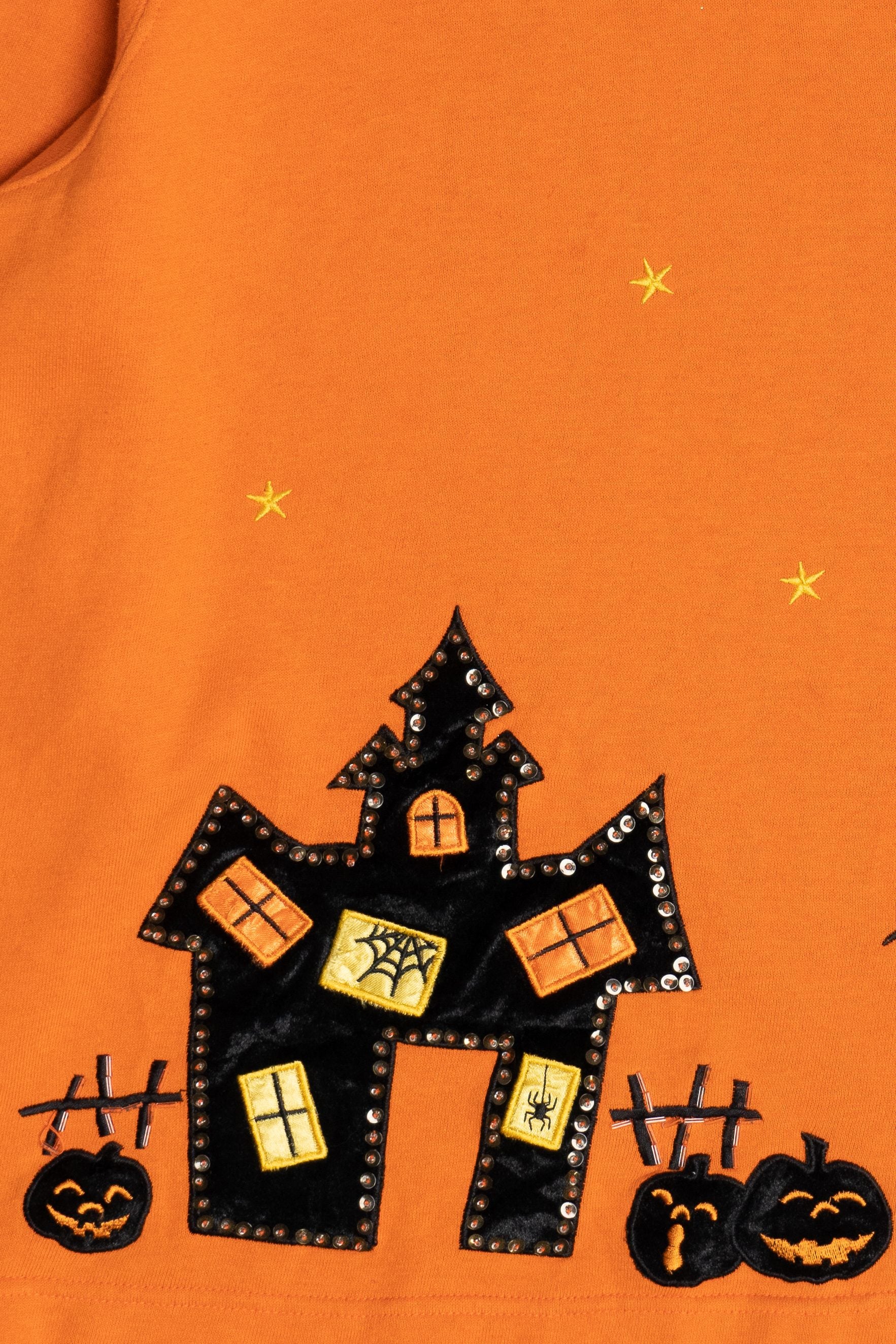 Vintage Halloween Haunted House Embroidered Scene Sweatshirt (1990s)
