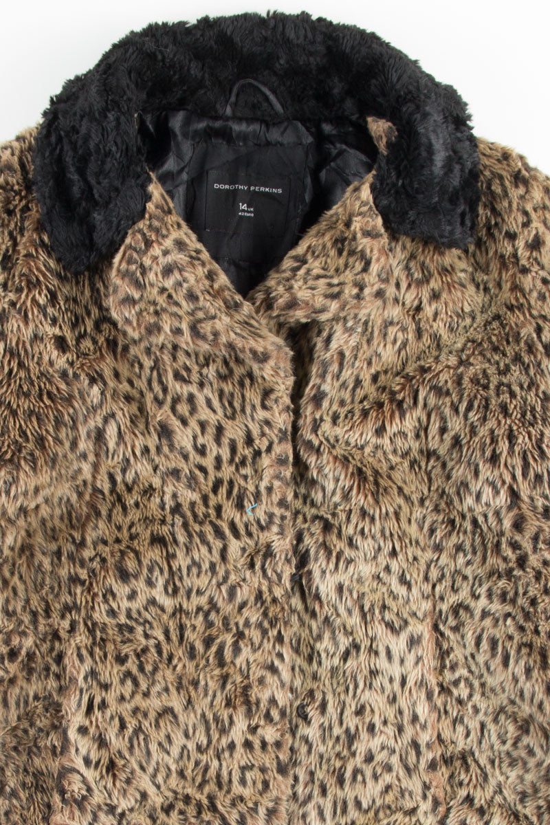 Black Collar Leopard Print Fur Coat