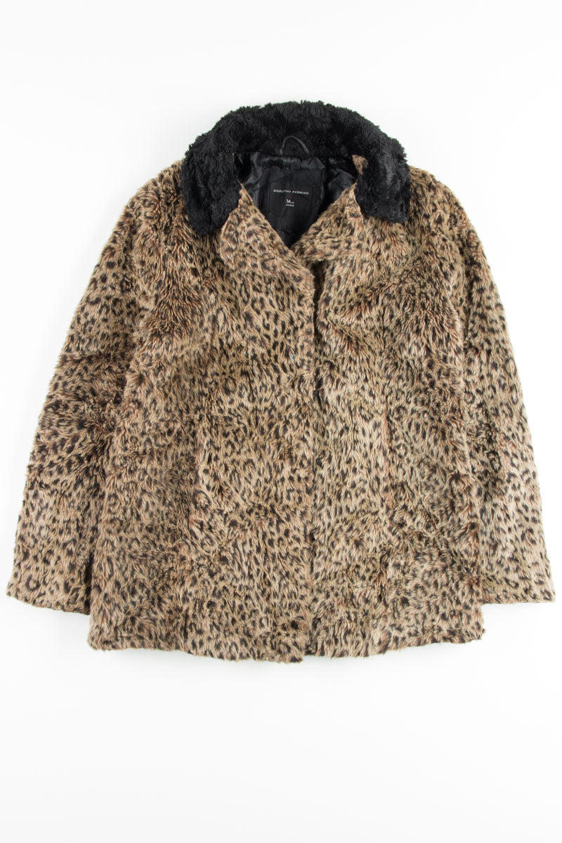 Black Collar Leopard Print Fur Coat